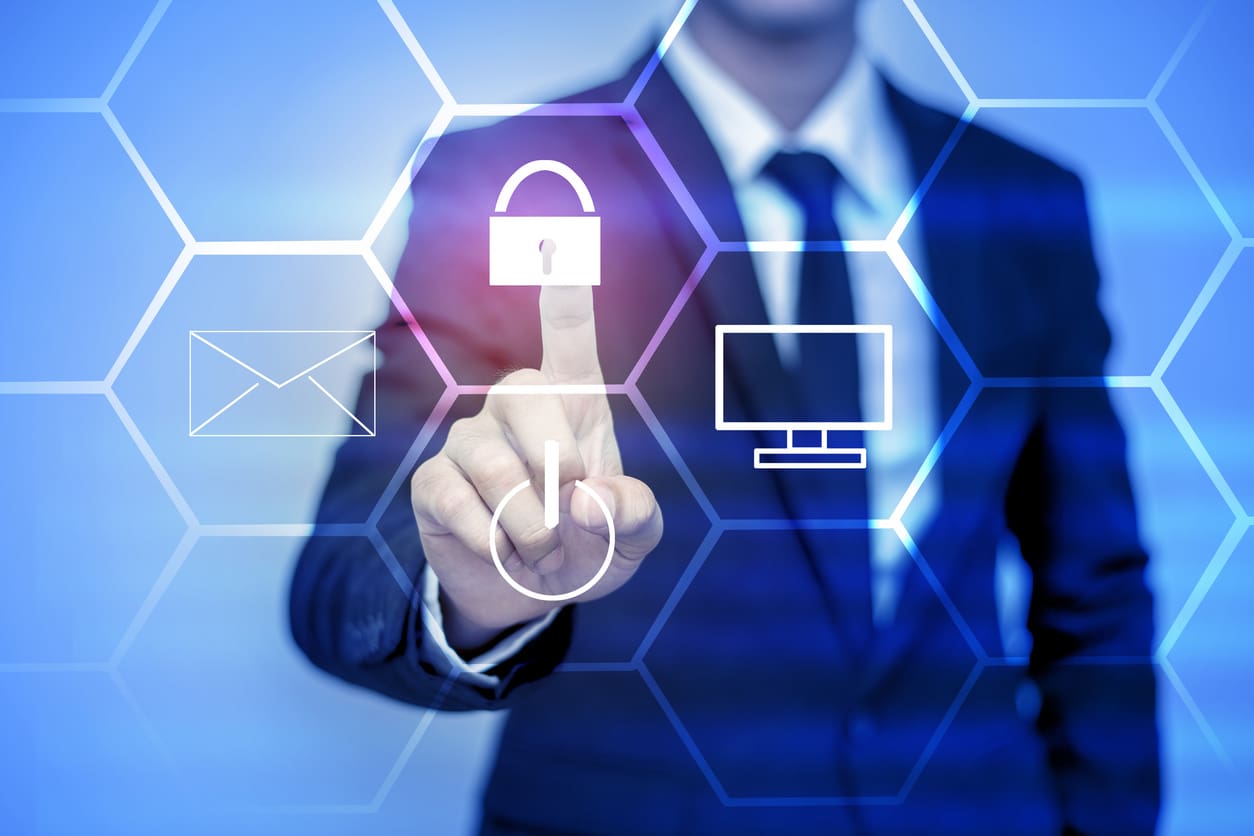 businessman pressing support button on virtual screen.